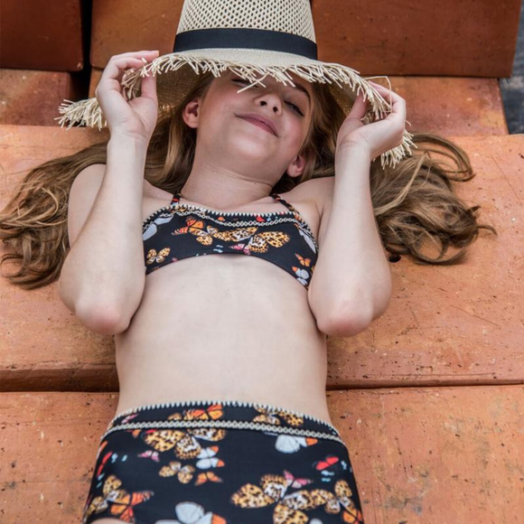 Submarine 2pc Girls Tankini Swimsuit Black w/Tan Butterflies Crochet Edge NWT 8 - Picture 3 of 3